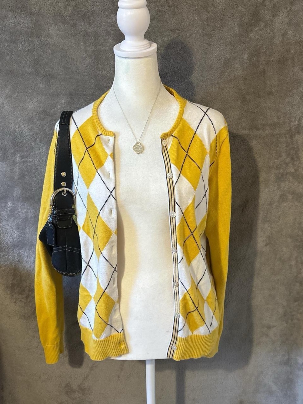 PreppyYellow & White Argyle Button Cardigan